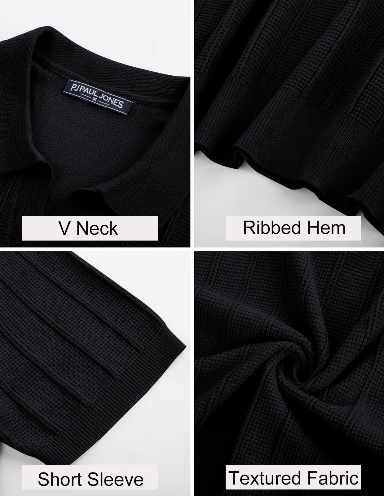 PJ PAUL JONES Mens Polo Shirts Short Sleeve Textured Knit Golf Shirts Collared V Neck Polo Shirts Black