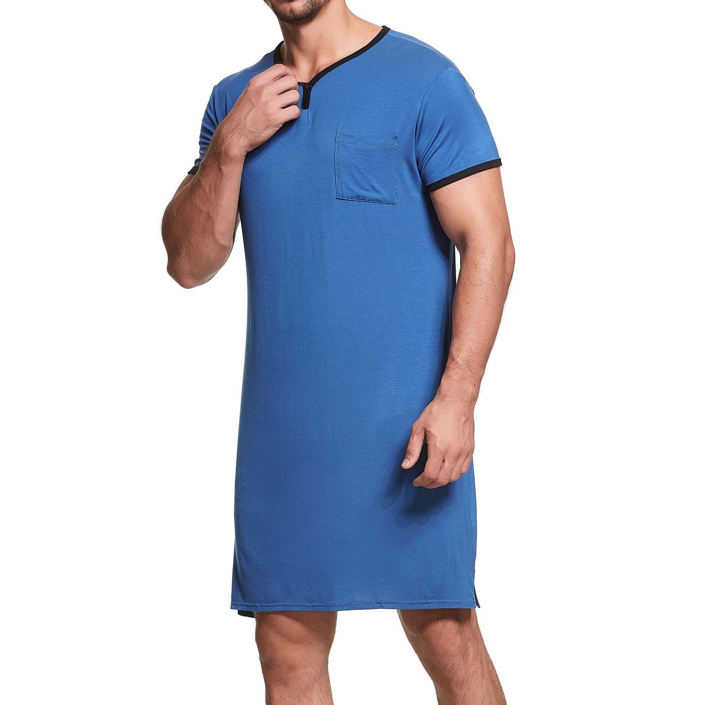 Lu's Chic Men's Short Sleeve Nightshirt Henley Pajama Top V Neck Nightgown Pocket Sleep Gown Sleepwear Loose Loungewear Sleeping Lounge Long Knee Shirt Casual Nightwear Plain Navy Large