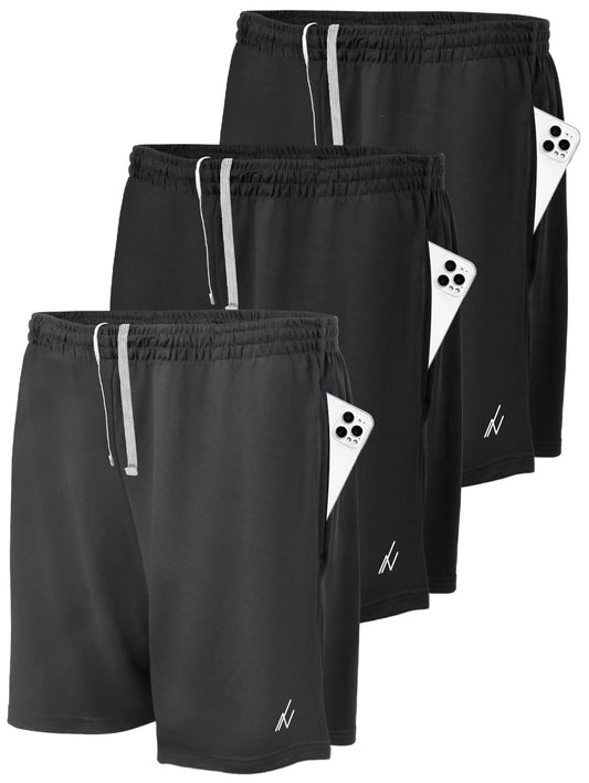 NY Threads 3 Pack Men's Athletic Shorts Quick Dry Lightweight Workout Running Gym Shorts with Pockets, Large, Black/Black/Dark Grey