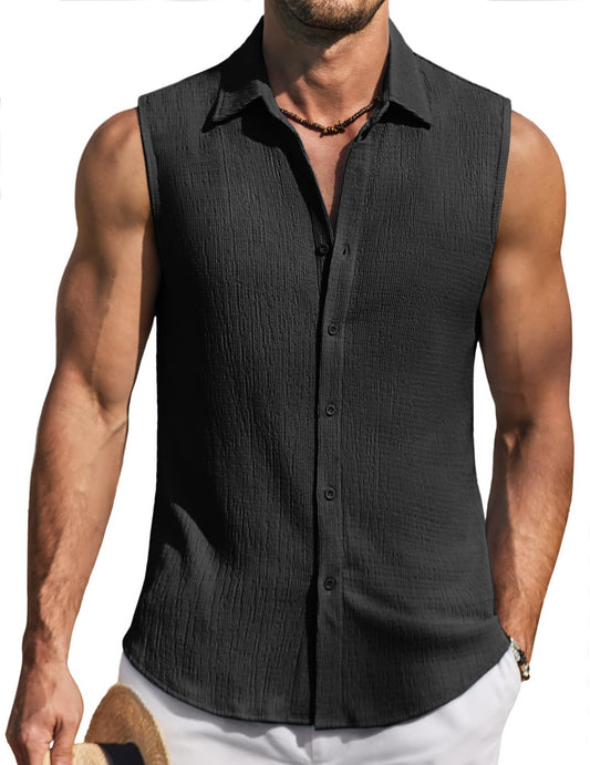 COOFANDY Mens Beach Tank Top Black Knit Sleeveless Top Summer Button Up Shirts Soft Textured Tops Loose Fit Large