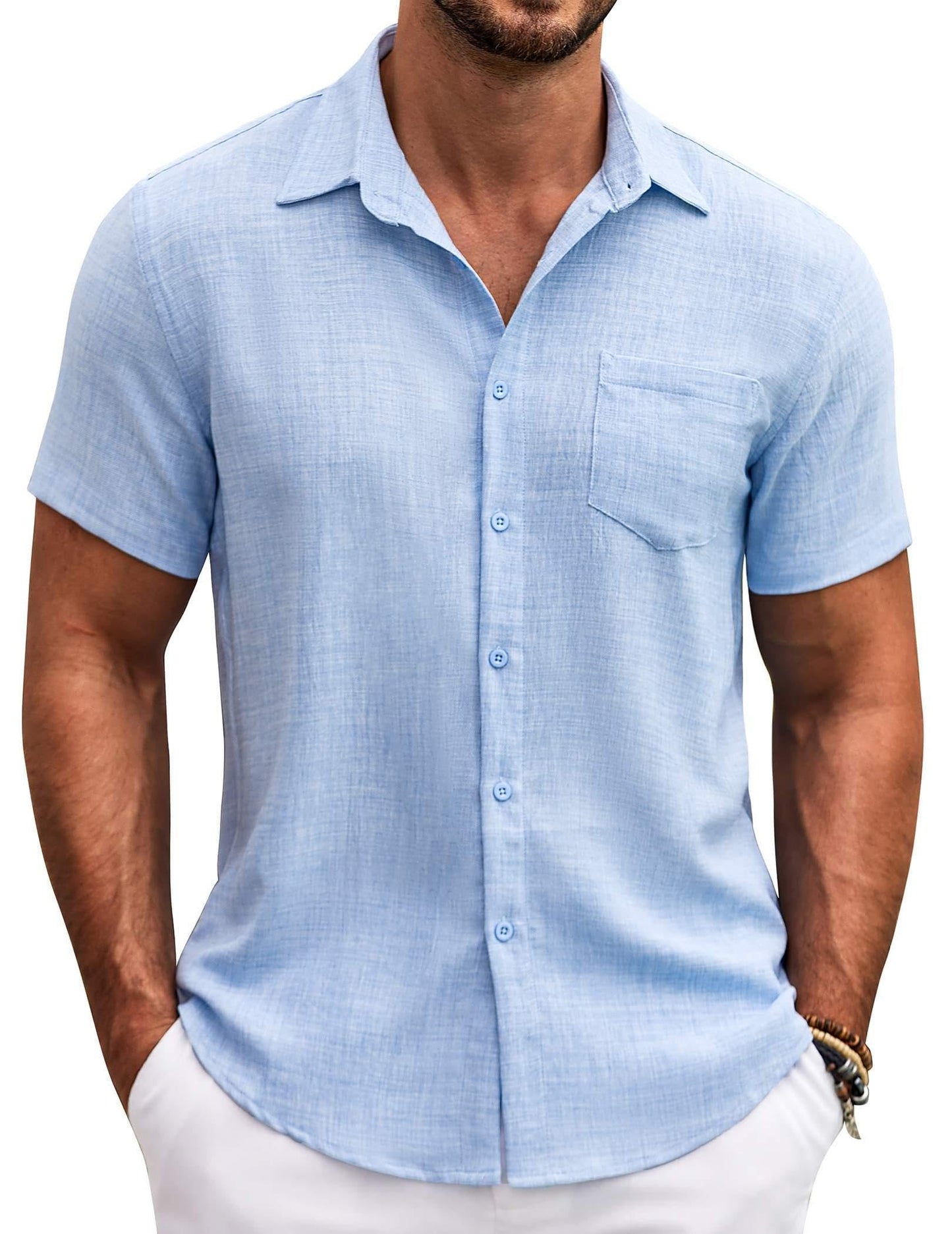 COOFANDY Mens Summer Button Down Shirts Short Sleeve Casual Summer Shirts Beach Wedding Shirts Light Blue
