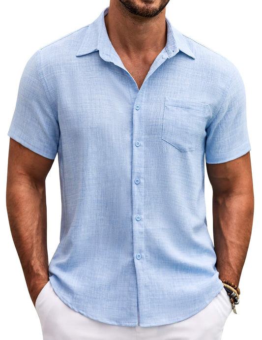 COOFANDY Mens Summer Button Down Shirts Short Sleeve Casual Summer Shirts Beach Wedding Shirts Light Blue