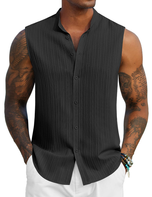 COOFANDY Men's Casual Beach Tank Top Textured Sleeveless Quick Drying Vacation Shirt,Black,Large