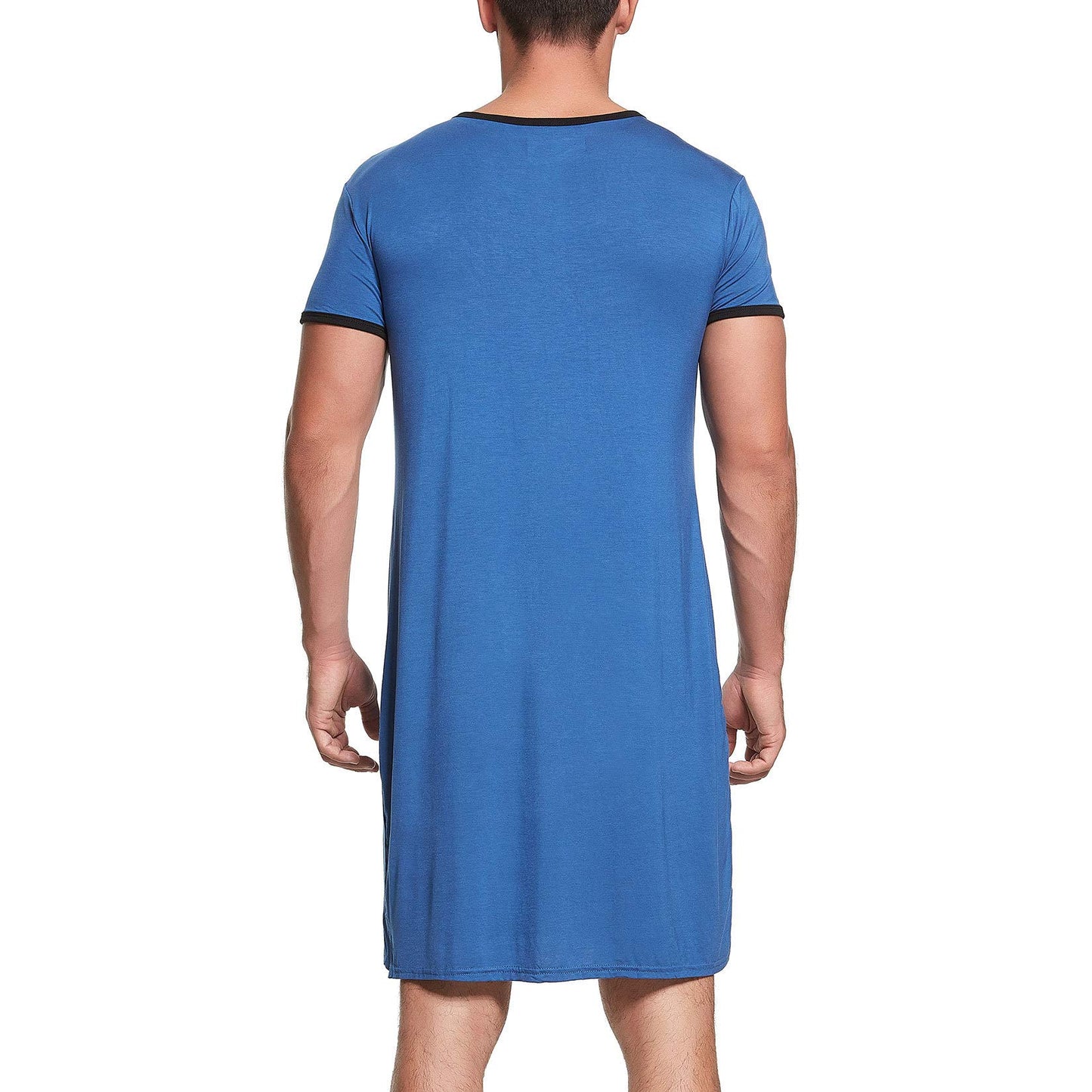 Lu's Chic Men's Short Sleeve Nightshirt Henley Pajama Top V Neck Nightgown Pocket Sleep Gown Sleepwear Loose Loungewear Sleeping Lounge Long Knee Shirt Casual Nightwear Plain Navy Large