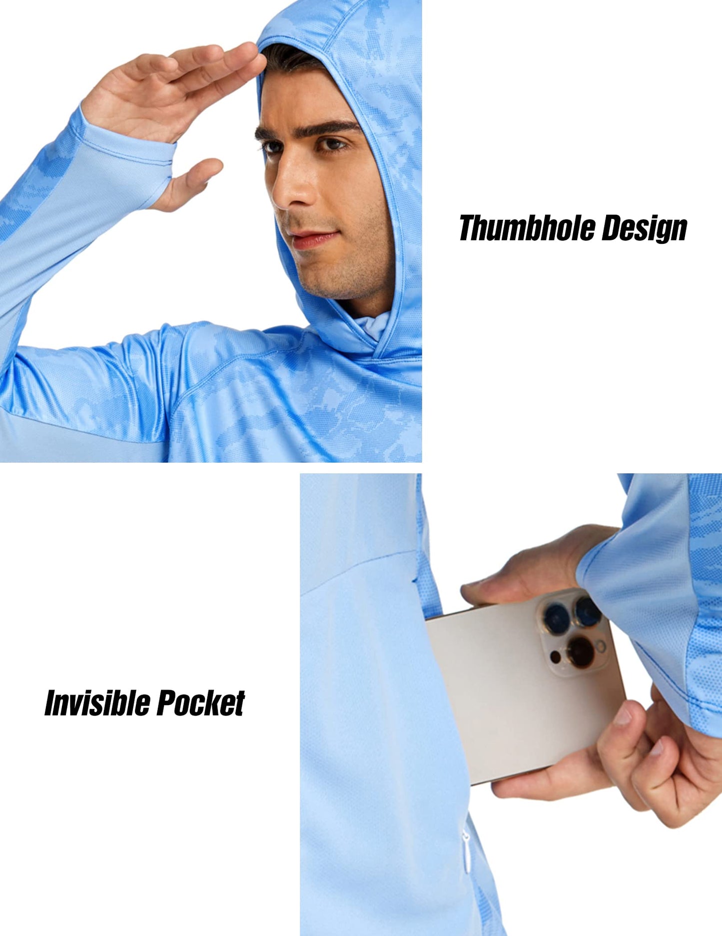 COOrun Men's Hooded Sun Shirts with Mask Fishing Shirts for Men Long Sleeve UPF 50 Rash Guards Cooling Hoodies Hiking Shirts Blue