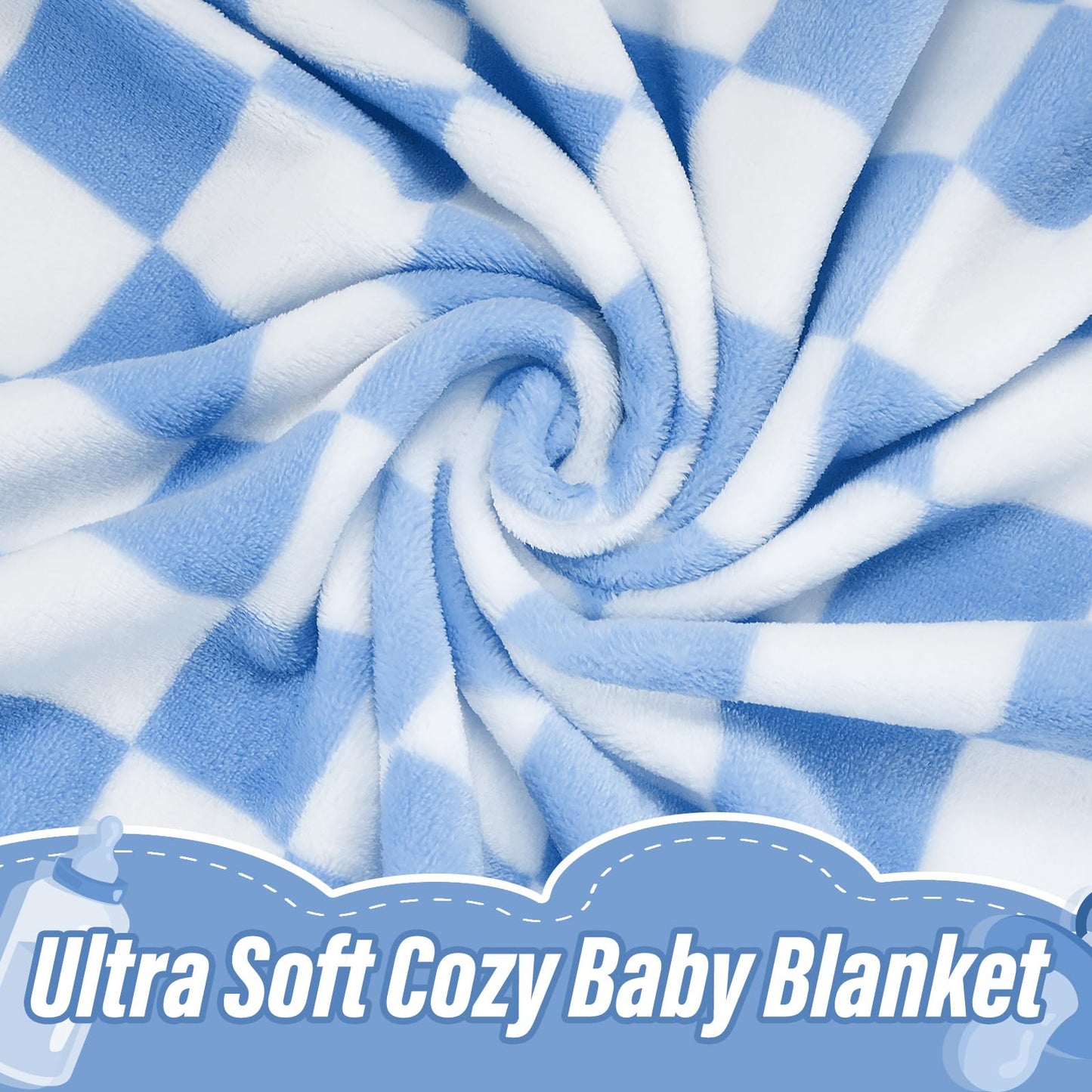 GreatBba Plush Checkered Baby Blanket for Boys Girls Nursery, 30"*40" Warm Short Fleece Blanket Neutral for Infant Newborn, Small Fuzzy for Sleeping, Chenille Baby for Stroller (Blue&White)