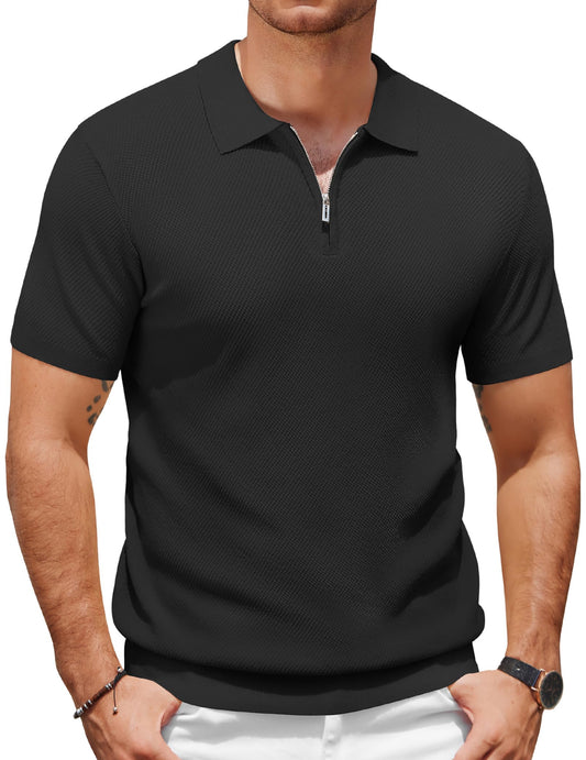 COOFANDY Men's Short Sleeve Knit Polo Shirts Casual Summer Polo Shirt Zipper Golf Shirt Black