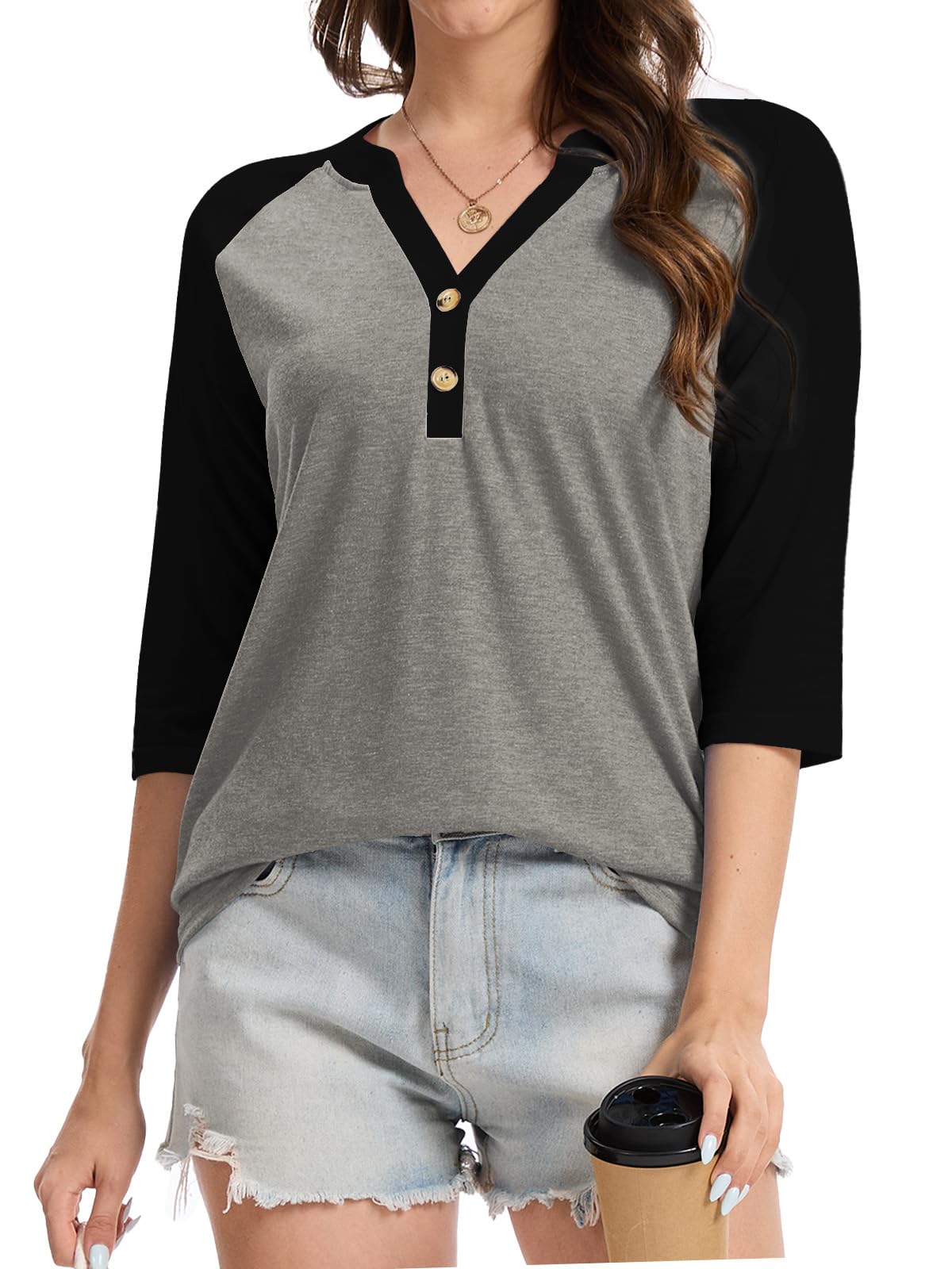 Dimur 3/4 Sleeve Tops for Women Business Casual Button Down Shirts Workout Summer Basic Tees Grey Black X-Large