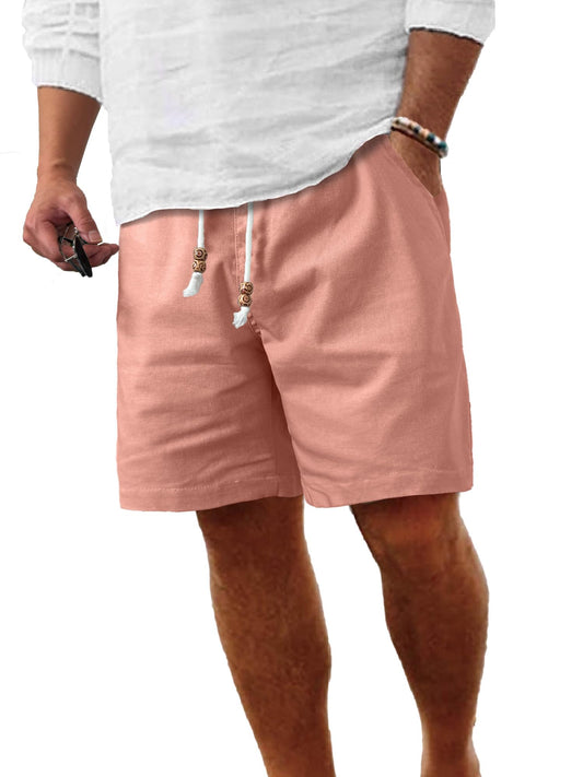Comdecevis Men's Casual Linen Shorts Elastic Waist Drawstring Summer Beach Shorts, Flamingo, Large