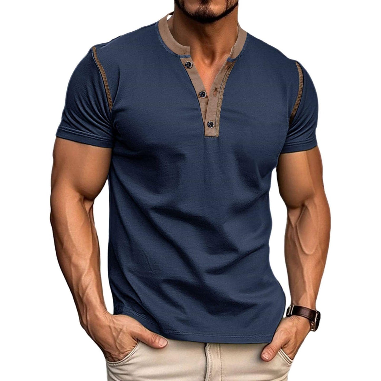 Men's Casual Henley Shirts Classic Button Cotton Short Sleeve T-Shirt Summer Basic Solid Lightweight Tees Tops Navy