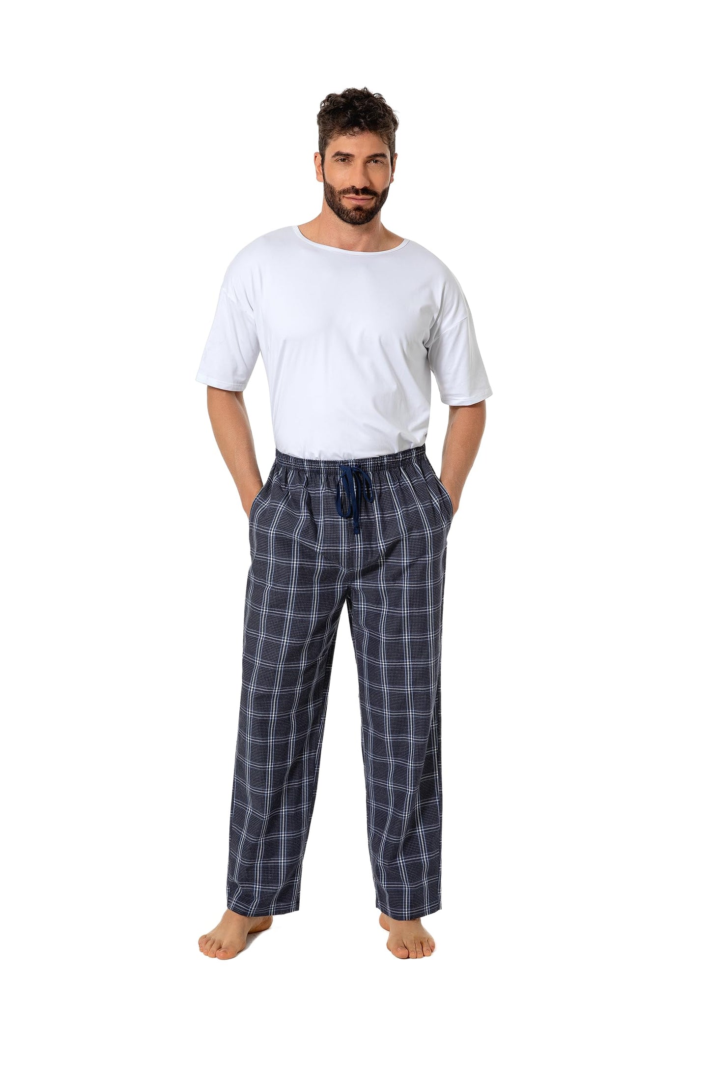 Jveyvth Mens Pajama Pants 100% Cotton Plaid Sleep & Lounge Pants, PJ Bottoms with Pockets and Button Fly