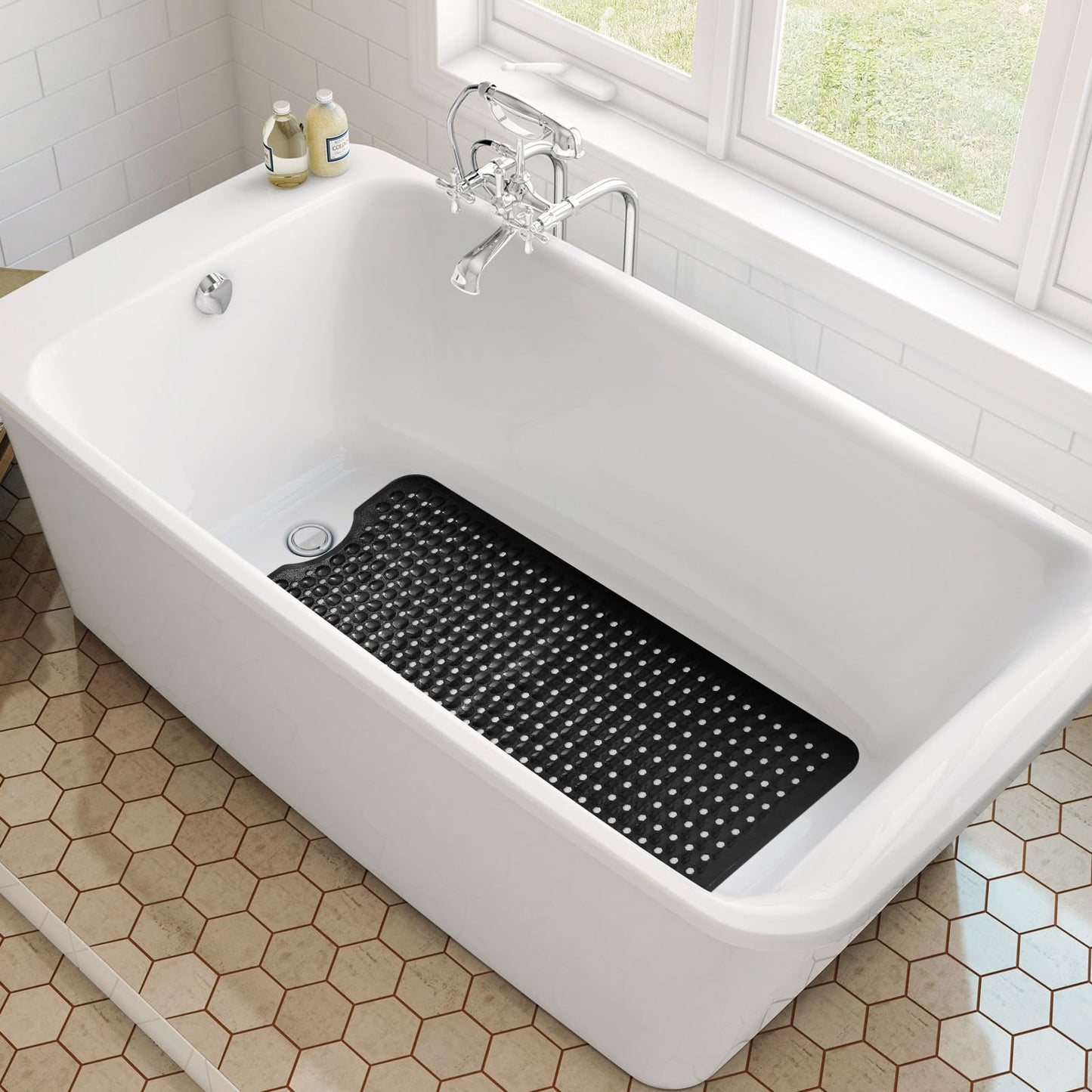 RongFa Bathtub and Shower Mats, Extra Long Non Slip Bath Mat, Bath Tub Mat with Suction Cups & Drain Holes for Bathroom，Machine Washable Bathroom Mats (Black)