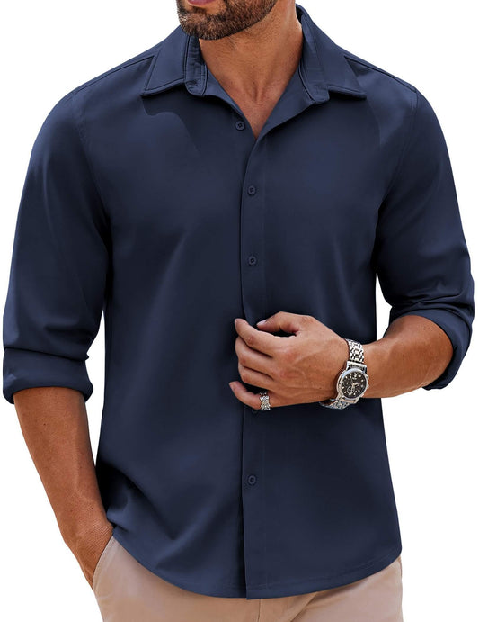 COOFANDY Mens Long Sleeve Button Down Shirts Casual Untucked Shirts Stretch Shirts Navy Blue