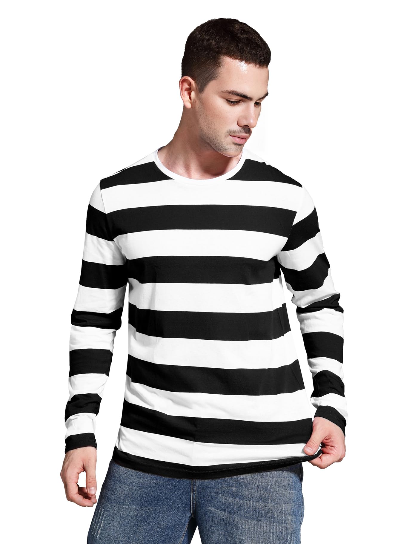 Zbrandy Mens Striped Shirt Wide Stripes Long Sleeve Crew Neck Tees Black and White M