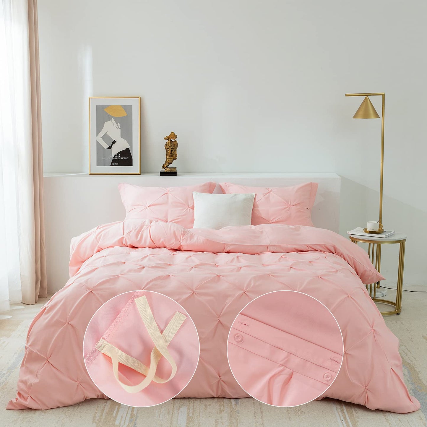 3 Pieces Bedding Duvet Cover Set, Pinch Pleated Twin Duvet Cover, Pintuck Comforter Quilt Cover with 2 Pillow Shams-Twin-68 X 90 inches-Pink