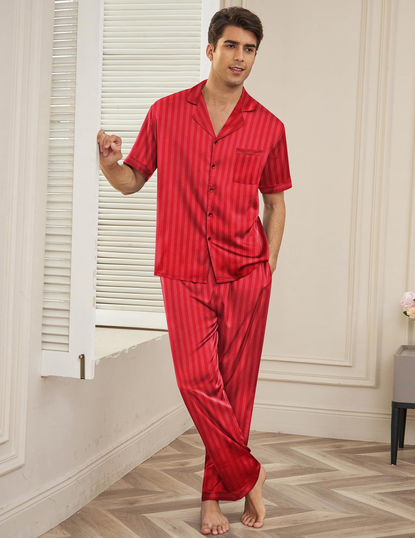Ekouaer Men Satin Silk Pajamas Set 2 Piece Button Down Sleepwear Long Pants Loungewear with Pockets