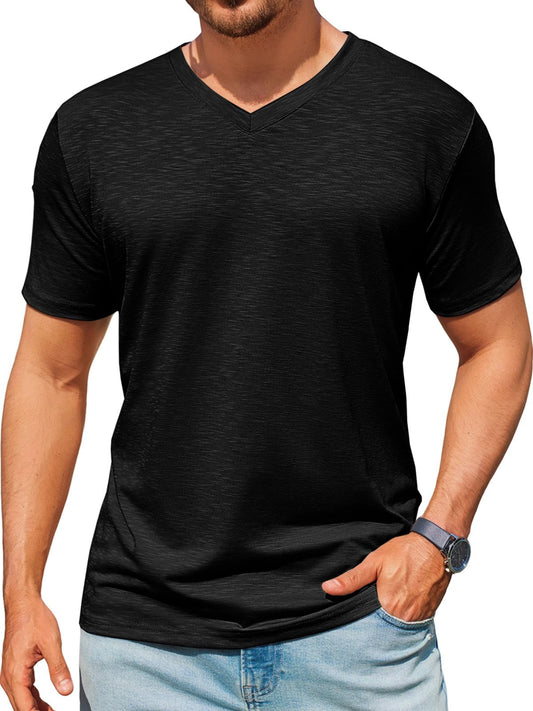Runcati Mens T-Shirts Short Sleeve V Neck Casual Classic Shirt Summer Stretchy Regular Fit Lightweight Tees Black
