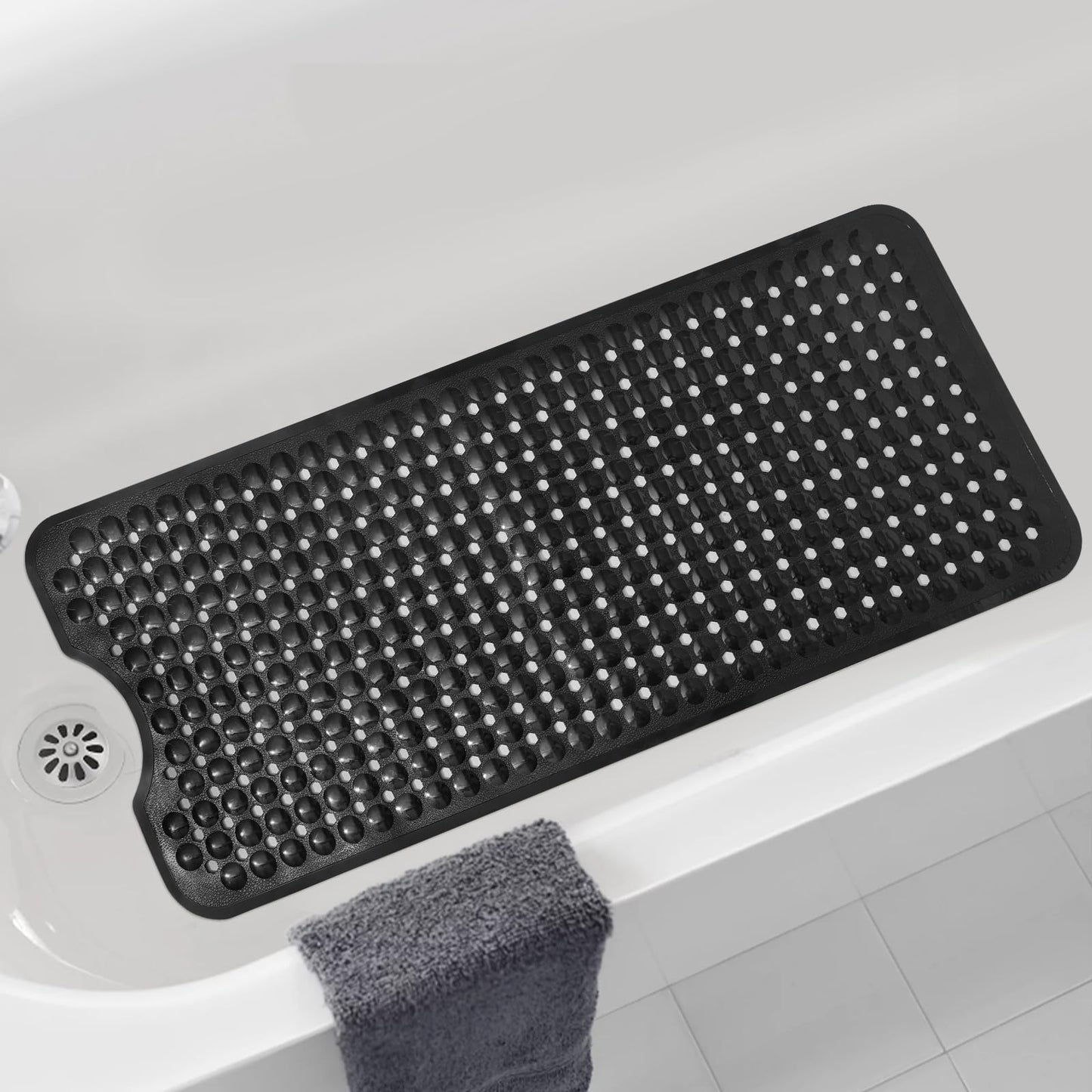 RongFa Bathtub and Shower Mats, Extra Long Non Slip Bath Mat, Bath Tub Mat with Suction Cups & Drain Holes for Bathroom，Machine Washable Bathroom Mats (Black)