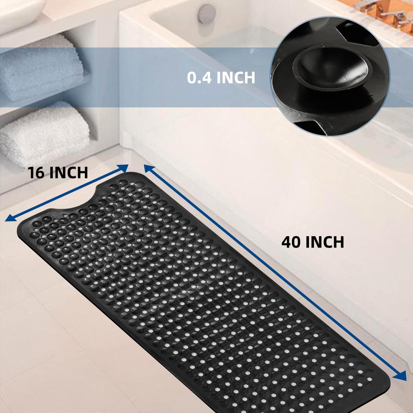 RongFa Bathtub and Shower Mats, Extra Long Non Slip Bath Mat, Bath Tub Mat with Suction Cups & Drain Holes for Bathroom，Machine Washable Bathroom Mats (Black)