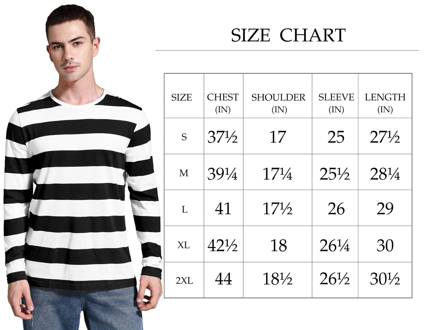 Zbrandy Mens Striped Shirt Wide Stripes Long Sleeve Crew Neck Tees Black and White M