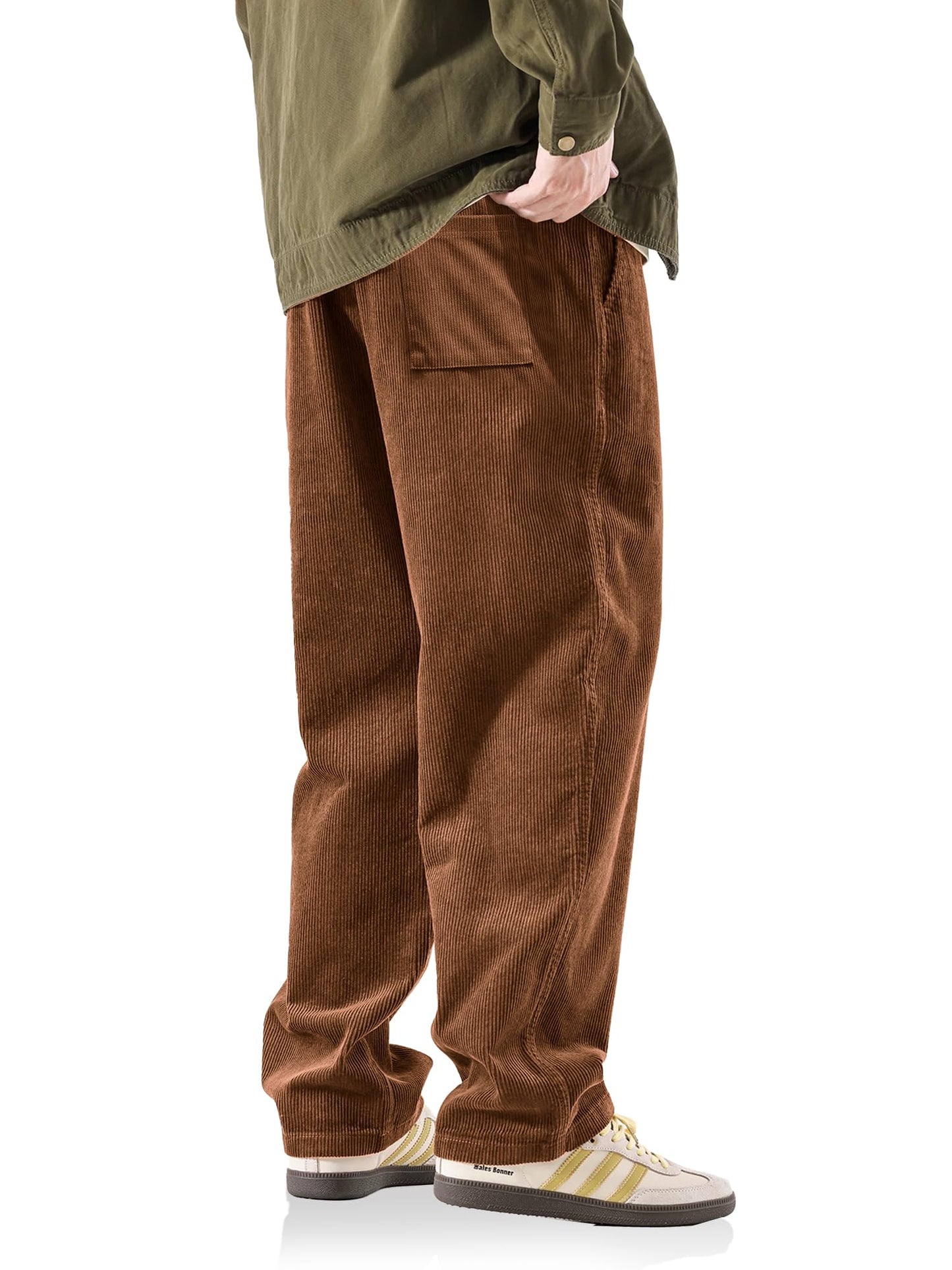 PLEPAN Men Loose Elastic Waist Corduroy Pants Casual Drawstring Outdoor Stretch Wide Leg Streetwear Sweatpant L Brown