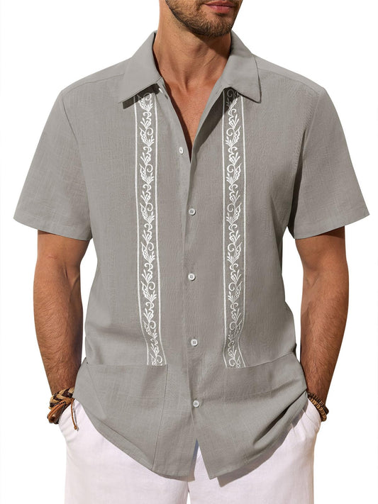 Mens Cuban Guayabera Shirts Embroidered Mexican Cotton Linen Short Sleeve Shirt Casual Button Down Pocket Shirt Grey