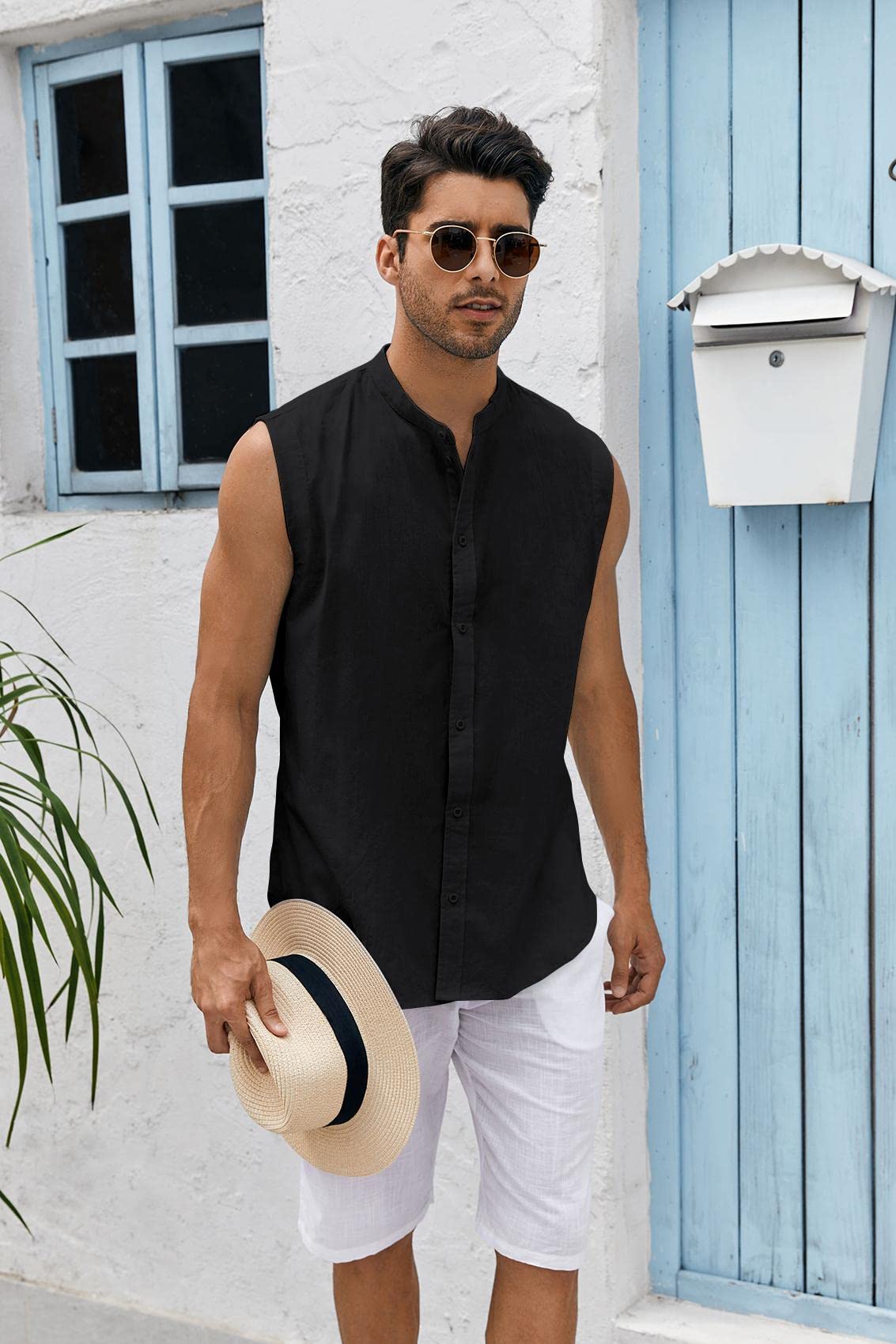 Bbalizko Mens Sleeveless Button Down Shirts Linen Cotton Summer Beach Basic Tank T-Shirt Tops (Large, Z-Black)