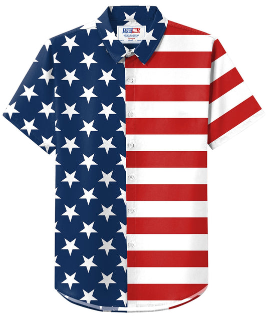 Arvilhill Men's American Flag Button Shirt Casual US Flag Button Down Shirt Fourth of July Traveling Button T-Shirt L
