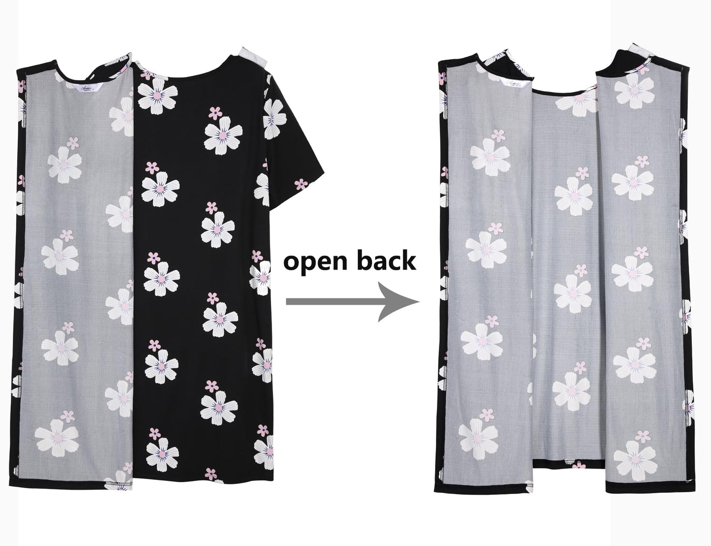 AVIIER Hospital Gowns for Women Open Back Adaptive Clothing Nightgowns Post Shoulder Surgery Dress Black Flower XXL