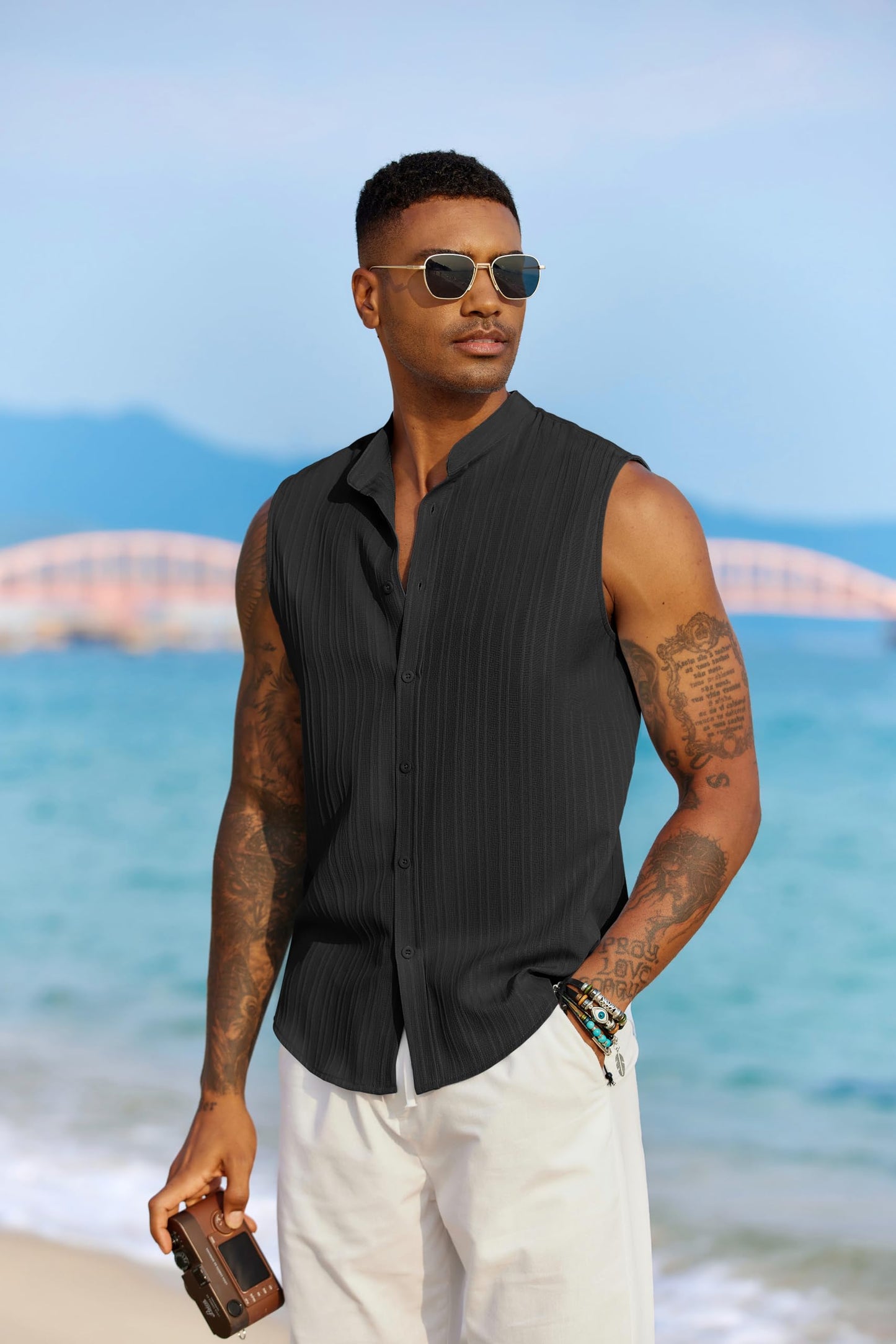 COOFANDY Men's Casual Beach Tank Top Textured Sleeveless Quick Drying Vacation Shirt,Black,Large