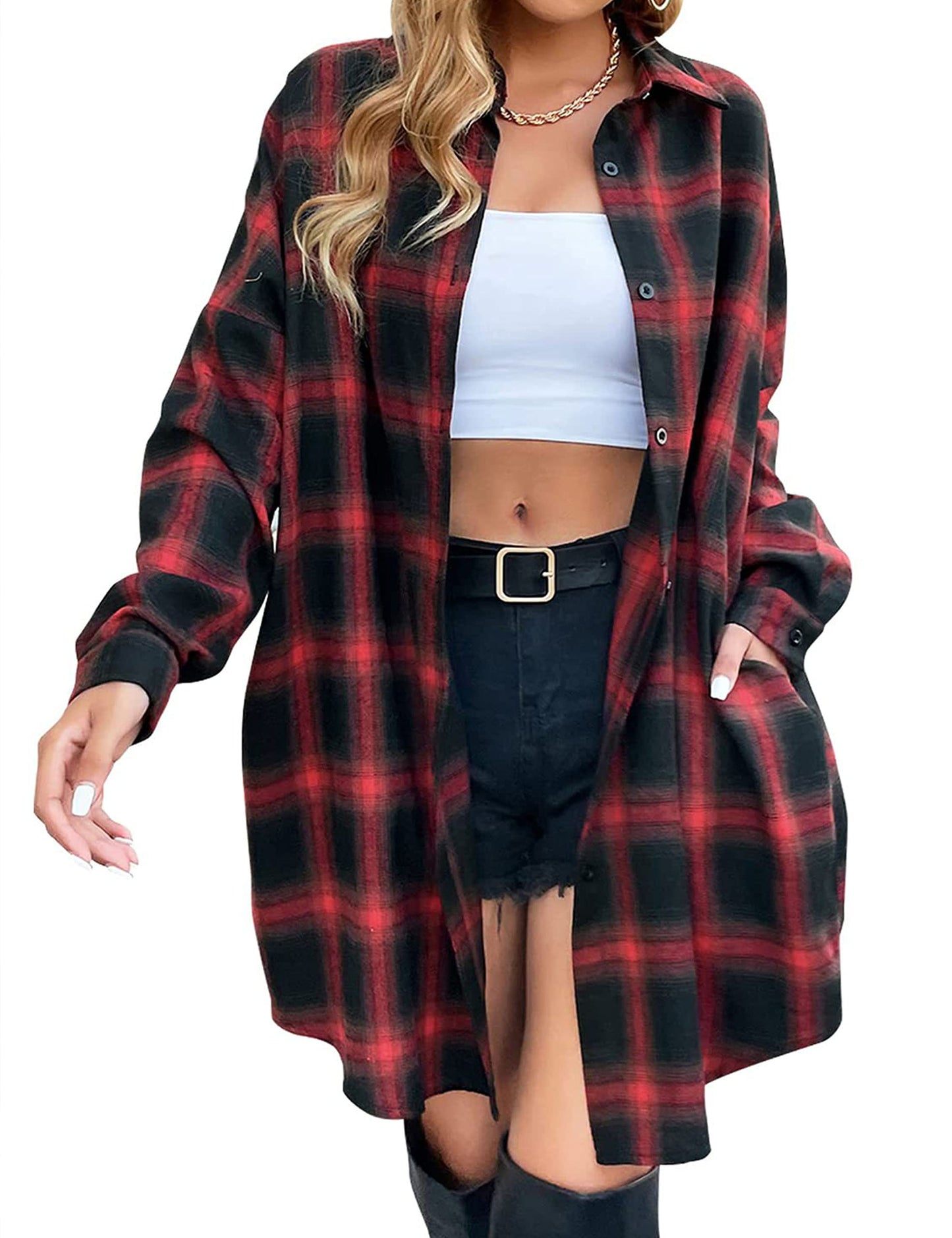 HangNiFang Long Flannel Shirts for Women Button Down Plaid Shirts Dresses Pocketed(0652-Red-L)