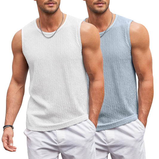 COOFANDY Mens Wide Neck Tank Top Knitted 2 Pack Sleeveless Tees Shirt Lightweight Beach Vacation Tank
