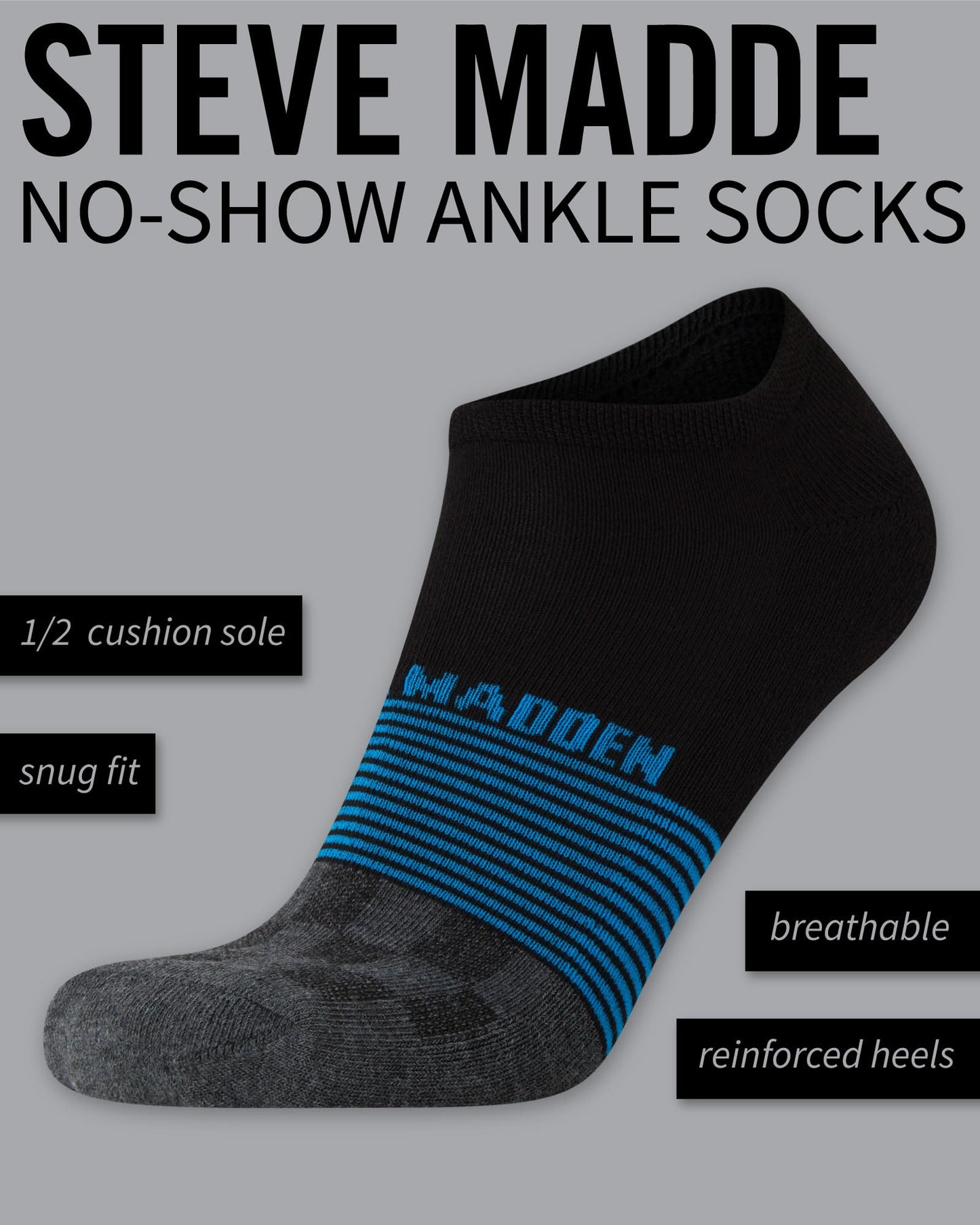 Steve Madden Men's Low Cut Socks - 8 Pack Half Cushioned No Show Athletic Socks - Performance Ankle Socks for Men (10-13), Size 10-13, Grey Black Multi