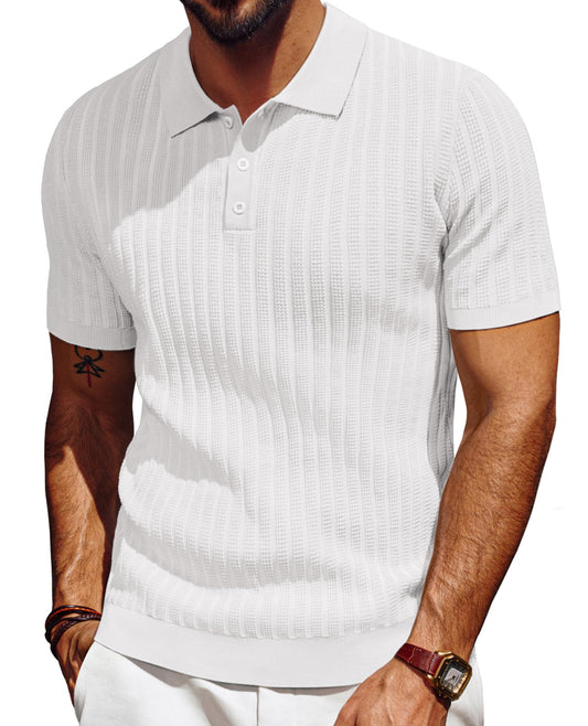 PJ PAUL JONES Mens Polo Shirts Short Sleeve Vintage Polo Shirt Textured Polo T Shirt Classic Knit Golf Shirt Collared T Shirt White L