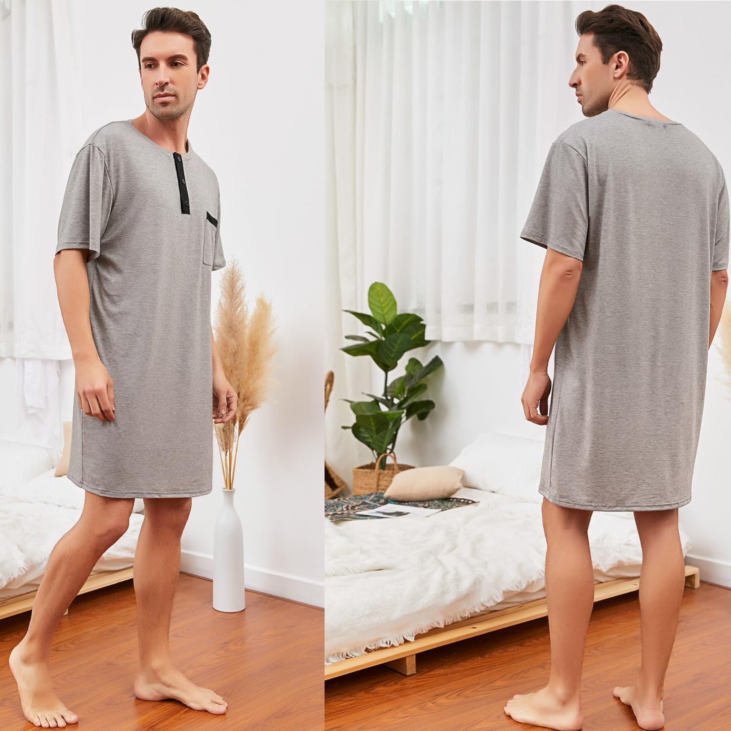 Men's Cotton Pyjama Tops Soft Sleepwear Breathable Nightgown Knee Length Night Shirts Loose Nightwear Lounge Wear,Short Sleeve/Short Sleeve-3-Grey/L