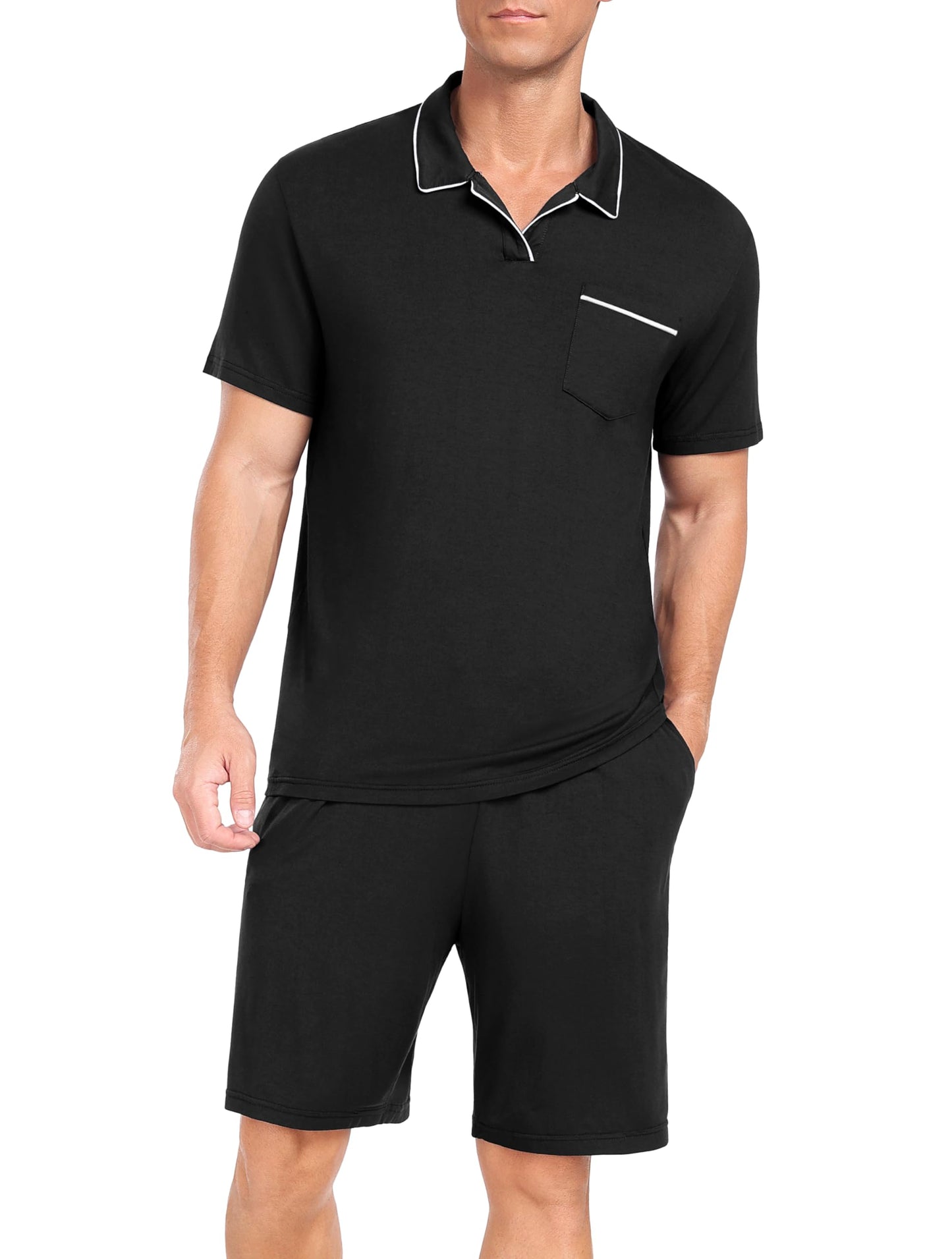 PrinStory Mens Pajamas Set Summer Pjs Sets Lightweight Short Sleeve Pajama Soft Sleepwear Loungewear with Pockets Black-XL