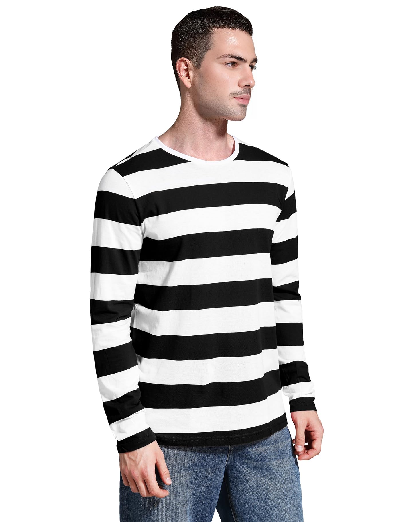 Zbrandy Mens Striped Shirt Wide Stripes Long Sleeve Crew Neck Tees Black and White M