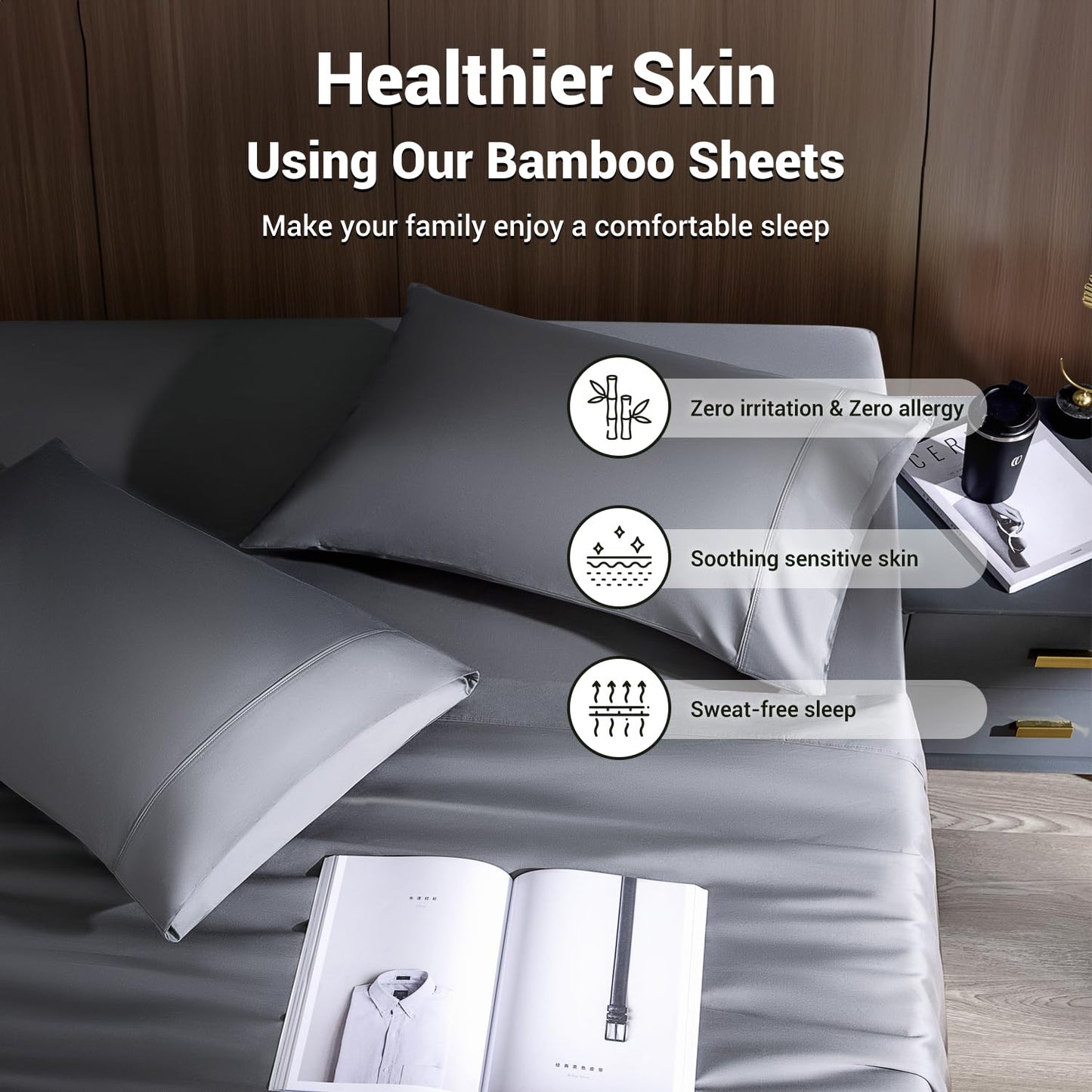 Shilucheng 4 Piece Queen Sheet Sets, Cooling Sheets, Blend Rayon Derived from Bamboo, Deep Pocket Up to 16", Breathable & Soft Bed Sheets, Hotel Silky Bedding Set, Dark Grey