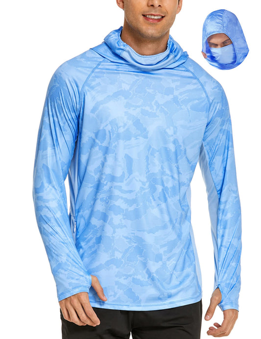 COOrun Men's Hooded Sun Shirts with Mask Fishing Shirts for Men Long Sleeve UPF 50 Rash Guards Cooling Hoodies Hiking Shirts Blue