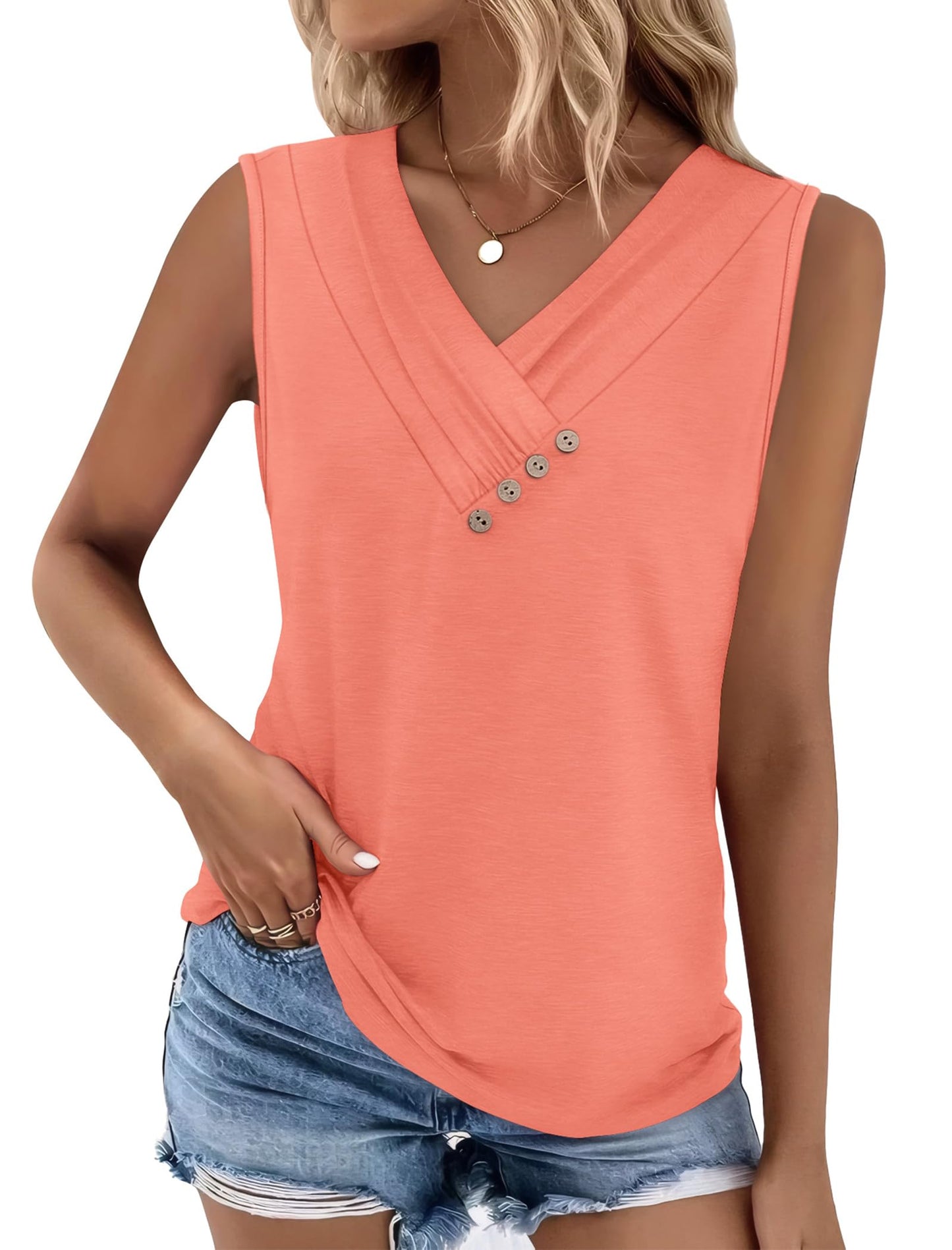 SAMPEEL Women's Tank Tops Loose Fit Summer Sleeveless Shirts Business Casual Blouses V Neck T Shirts Solid Plain Spring Tops Coral XL