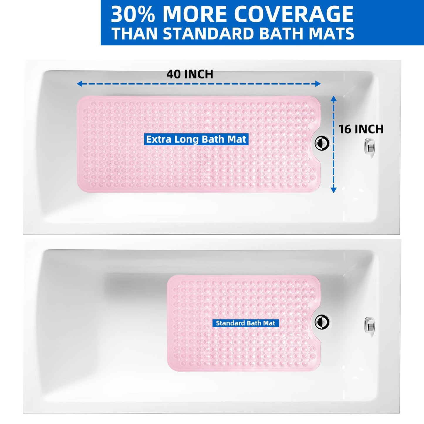 MOONFLY Shower and Bathtub Mat,40x16 Inches,Extra Long Non Slip Mats with Suction Cups and Drain Holes, Machine Washable and Anti Slip Bathmats, Bathroom Mats for Tub Nonslip (Clear Pink)