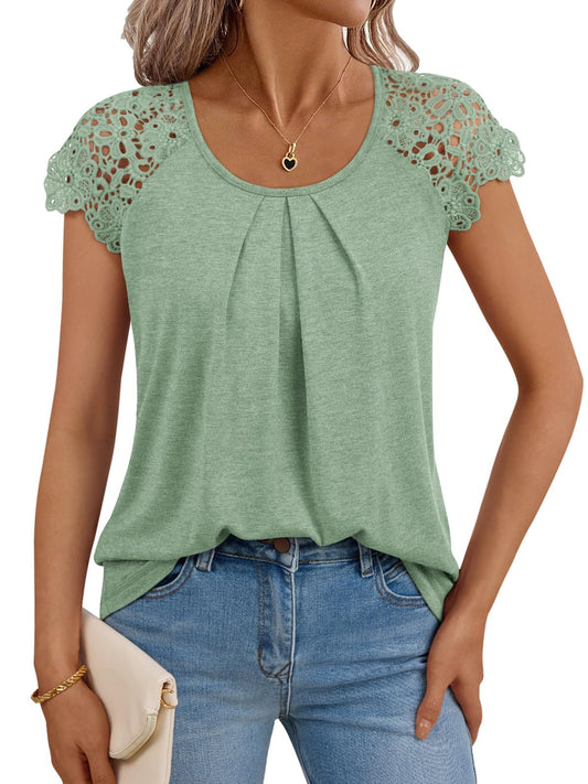 LILLUSORY Short Sleeve Lace T Shirts Womens 2025 Summer Sleeveless Cap Flowy Trendy Western Boho Lightweight Cute Loose Fit Tops Casual Basic Tees Dressy Fashion Work Blouses Clothes Outfits Tshirts
