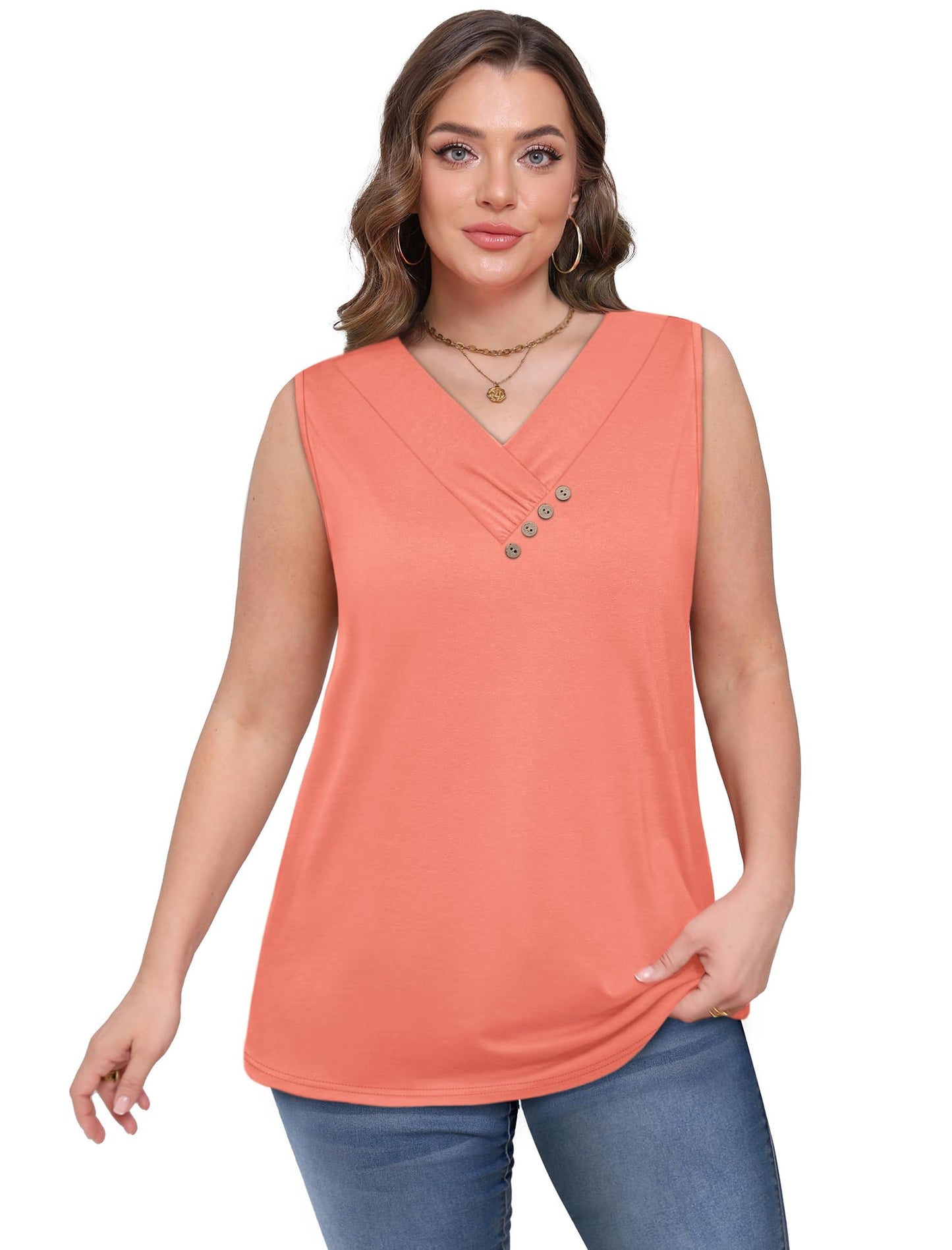 SAMPEEL Women's Tank Tops Loose Fit Summer Sleeveless Shirts Business Casual Blouses V Neck T Shirts Solid Plain Spring Tops Coral XL