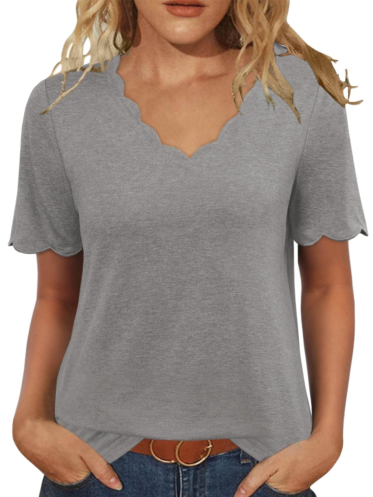 JomeDesign Womens Tops 2025 Summer Short Sleeve Blouses Loose Fit V Neck Shitts LightGrey M