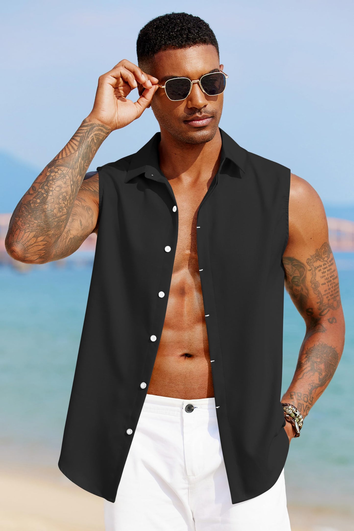 COOFANDY Men Sleeveless Shirt Beach Casual Tank Tops Summer Button Up Tank Tops for Men Black