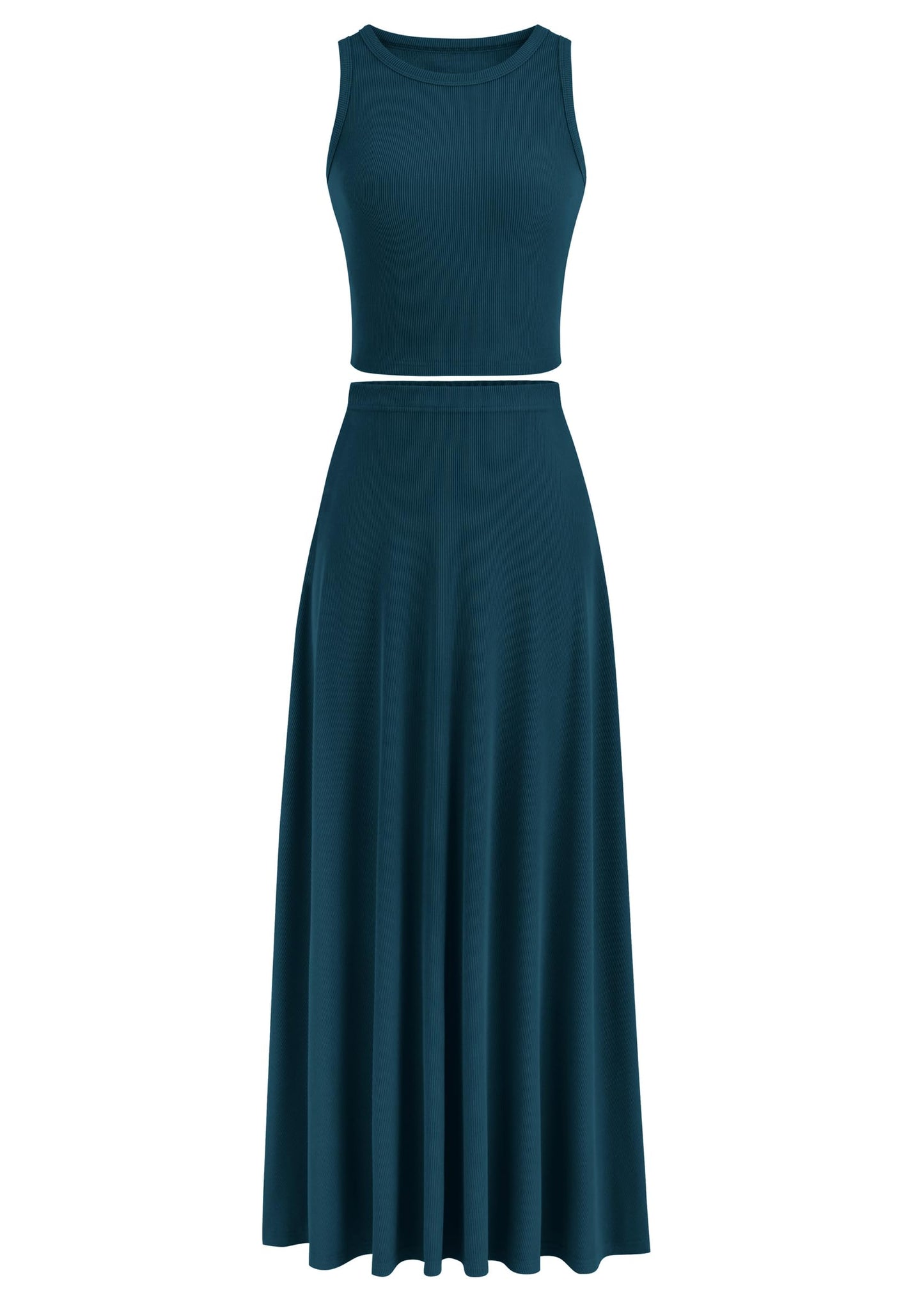 PRETTYGARDEN Women's 2 Piece Maxi Skirt Sets Casual Summer Knit Cropped Tank Top High Waisted Long Skirts Outfit (Lake Blue,Medium)