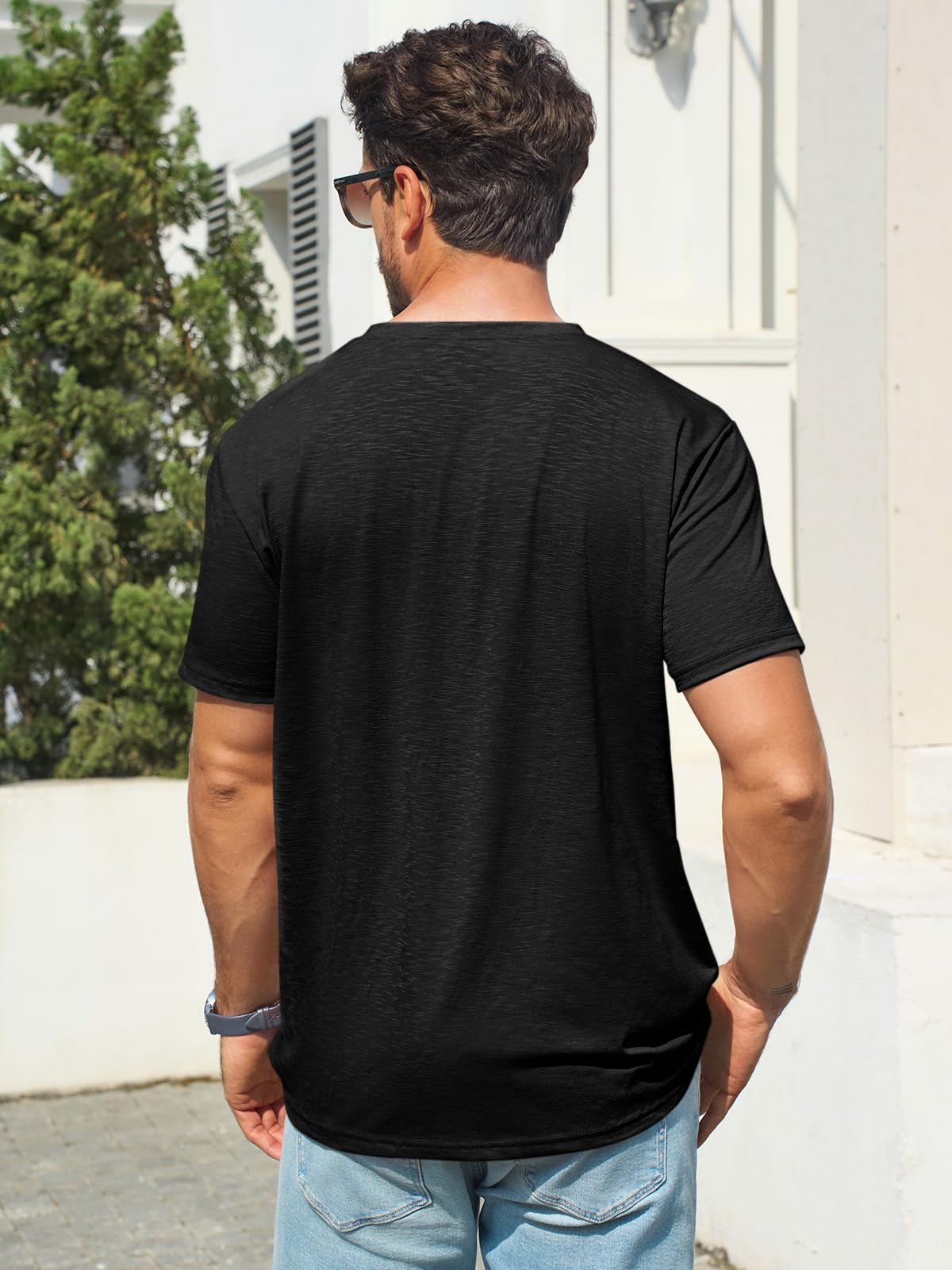 Runcati Mens T-Shirts Short Sleeve V Neck Casual Classic Shirt Summer Stretchy Regular Fit Lightweight Tees Black