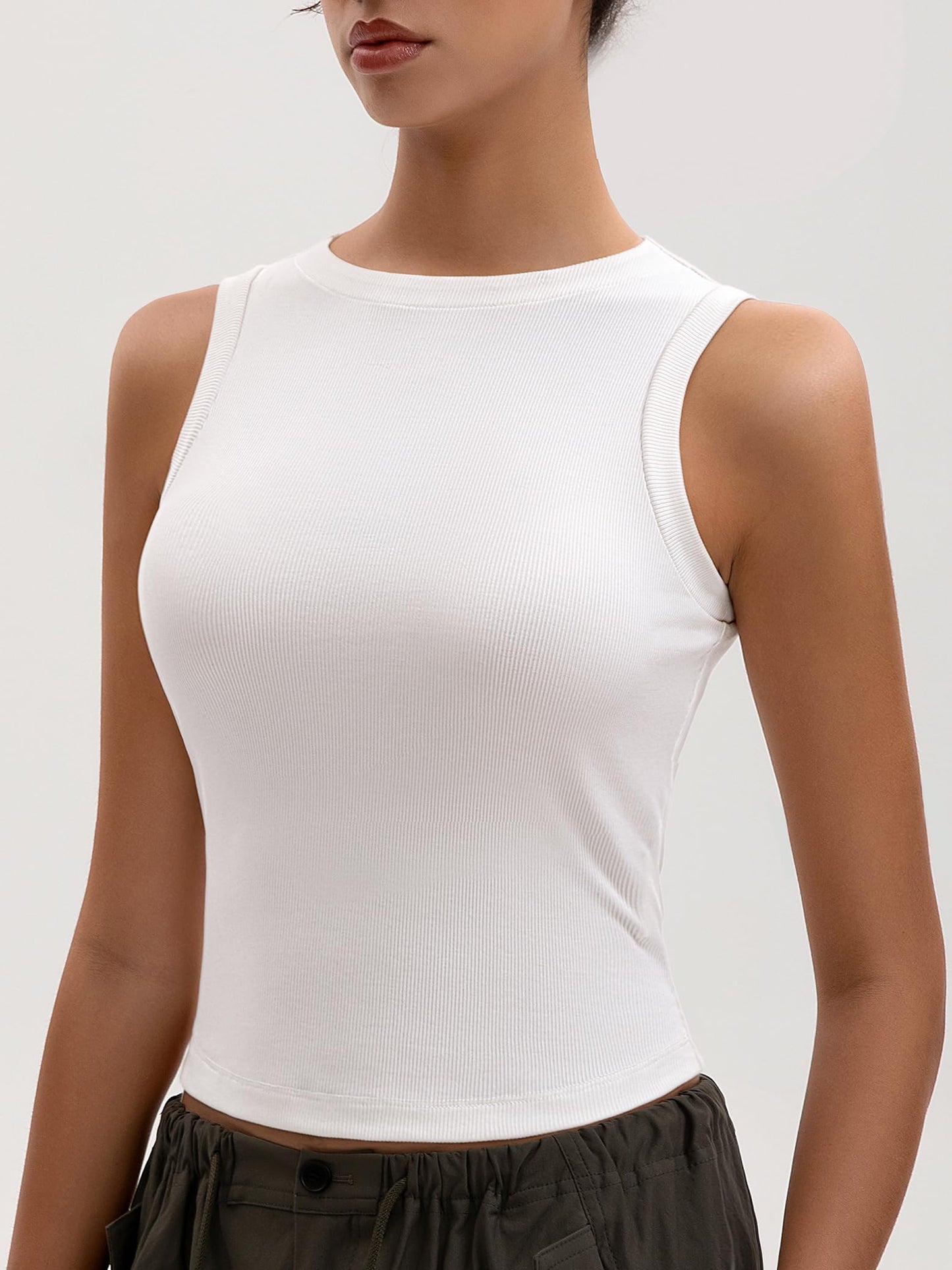 MOSSROZZ Women's High Neck Tank Top White Ribbed Basic Tanks Casual Crop Tops Sleeveless Shirts 2025 Summer Stretchy Slim Fit Outfits for Going Out, M
