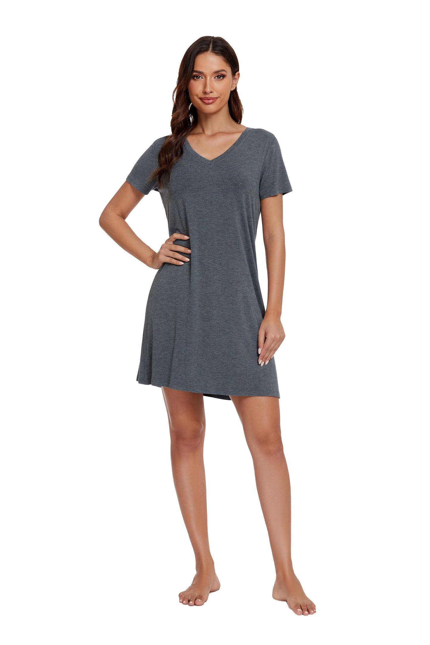 LUBOT Nightgowns for Women Bamboo Viscose Soft Cooling Breathable Short Sleeve V Neck Sleepshirts Sleepwear Nightshirt Dress Plus Size (Dark Gray,M)