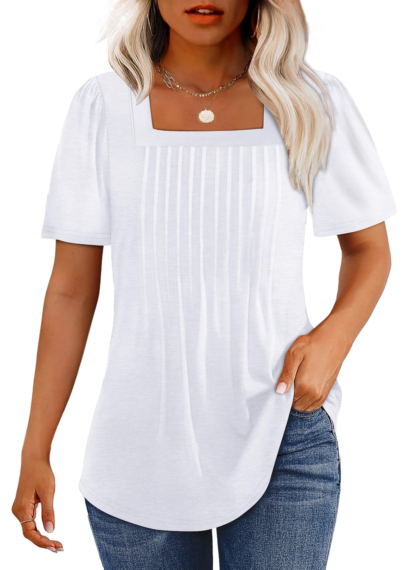 Summer Tops for Women 2025 Spring Outfits Beach Vacation Clothes Fashion Tshirts Shirts Loose Fit Short Sleeve Blouses for Women Dressy Casual Pleated White L